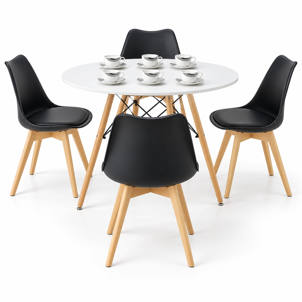 Comedor de 4 Puestos con Mesa Redonda Eames y 4 Sillas Emma Estándar + Set de Pocillos Gratis