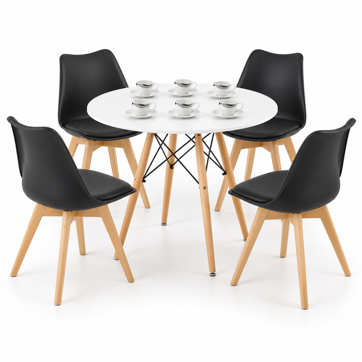 Comedor de 4 Puestos con Mesa Redonda Eames y 4 Sillas Emma Estándar + Set de Pocillos Gratis