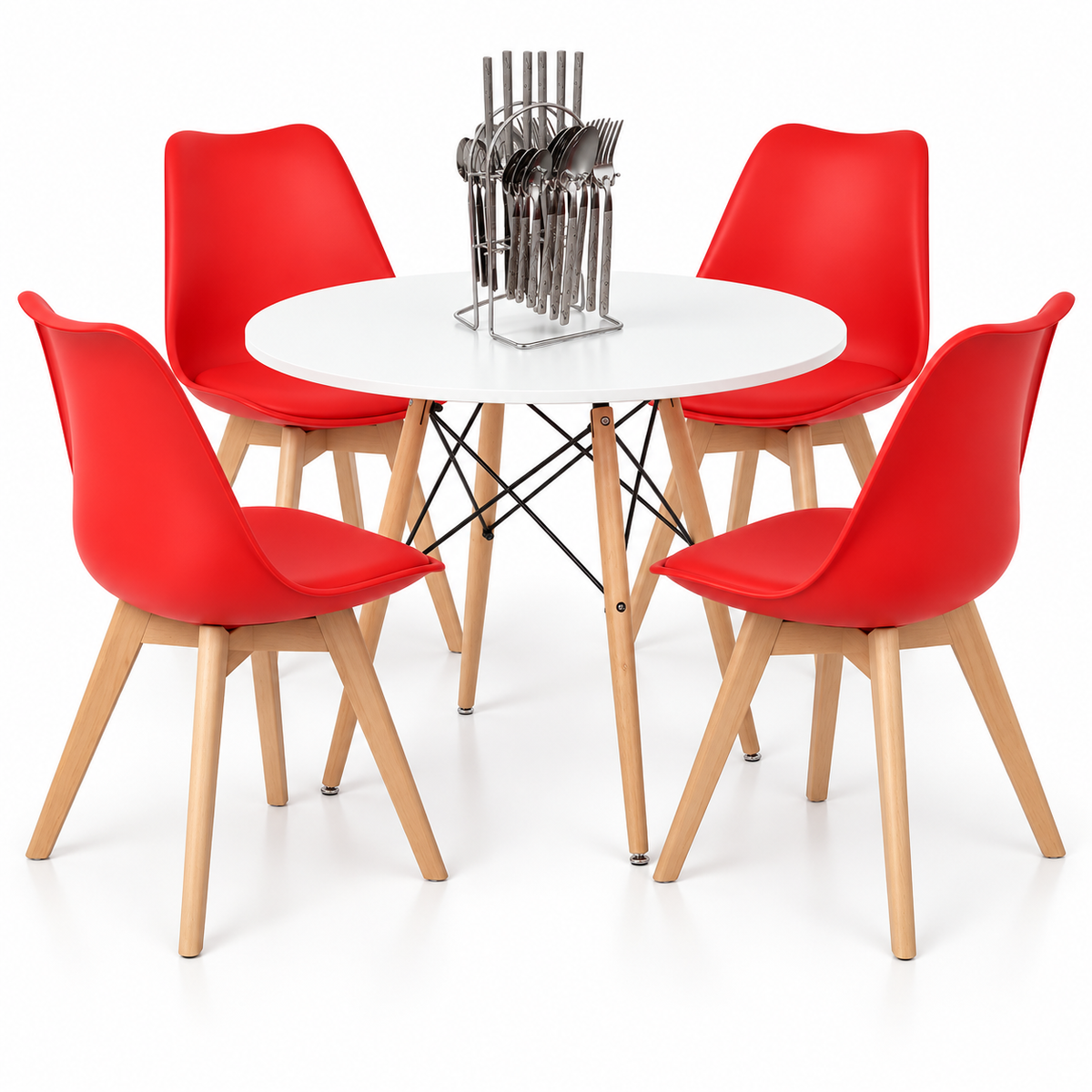 Comedor de 4 Puestos con Mesa Redonda Eames y 4 Sillas Emma Estándar + Set de Cubiertos Gratis