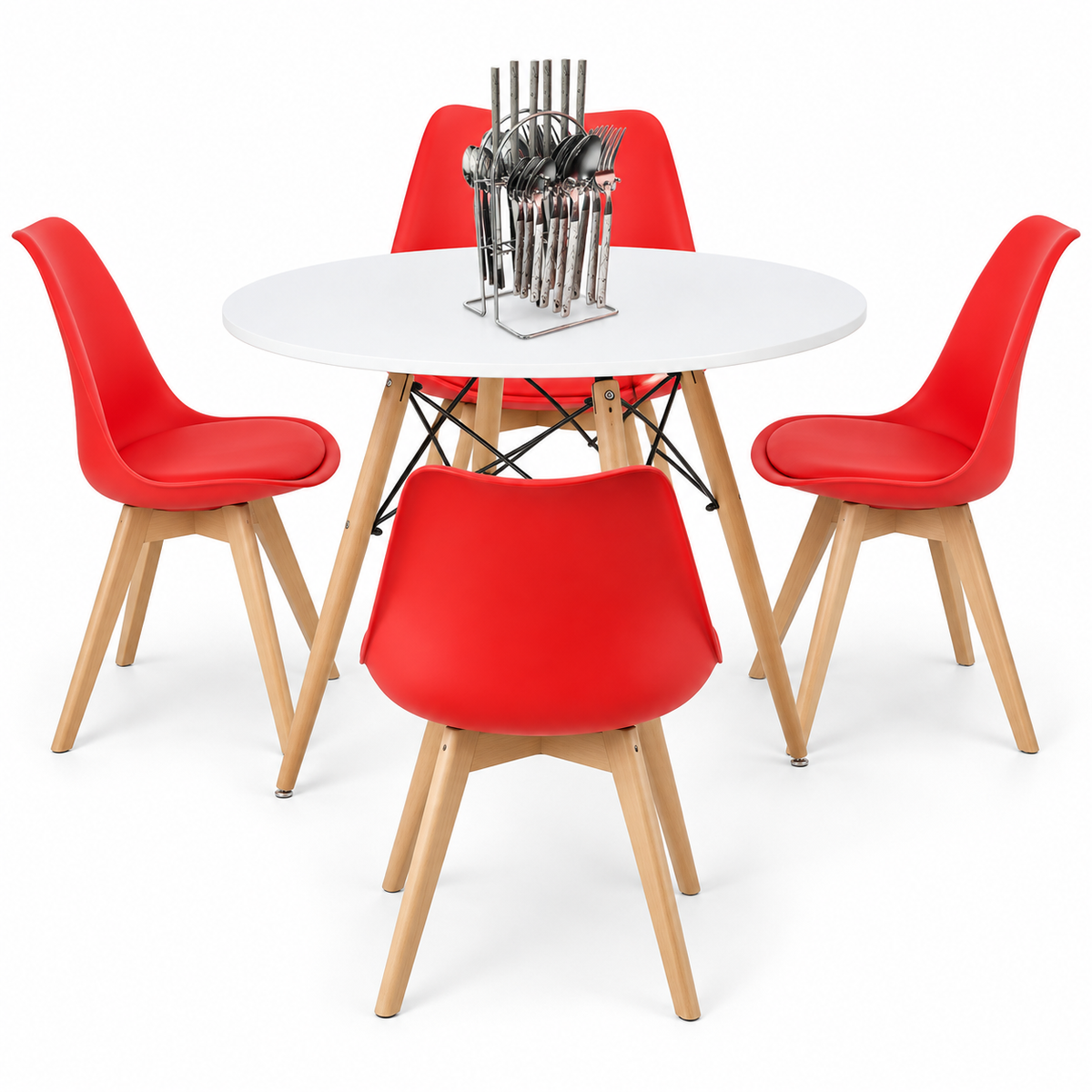 Comedor de 4 Puestos con Mesa Redonda Eames y 4 Sillas Emma Estándar + Set de Cubiertos Gratis