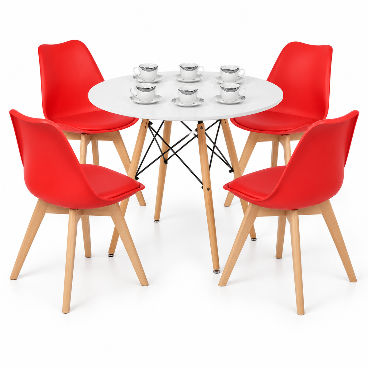Comedor de 4 Puestos con Mesa Redonda Eames y 4 Sillas Emma Estándar + Set de Pocillos Gratis