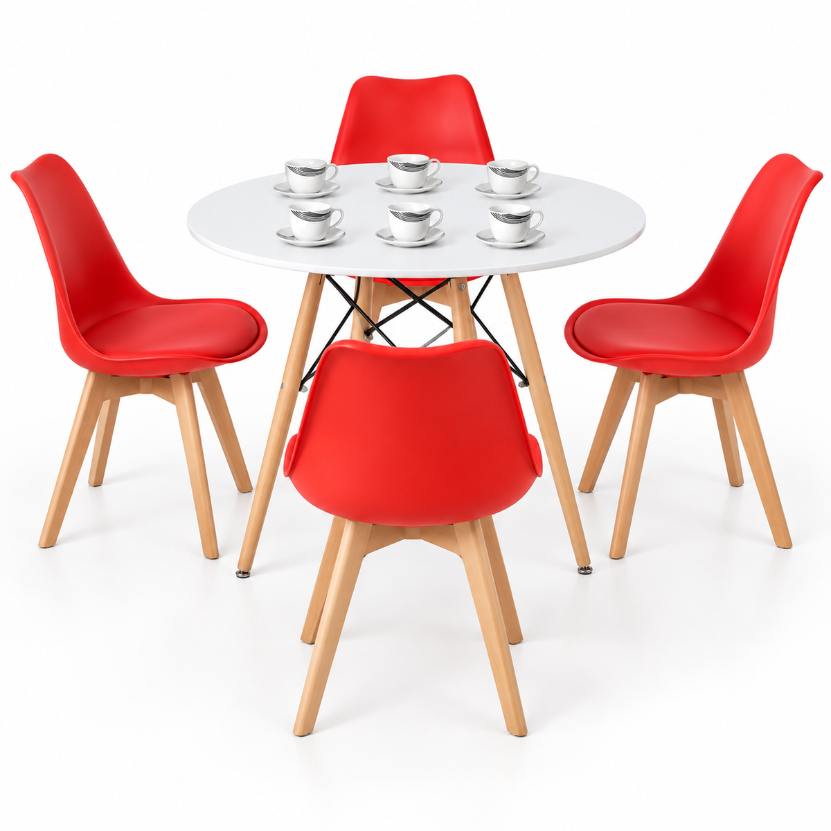 Comedor de 4 Puestos con Mesa Redonda Eames y 4 Sillas Emma Estándar + Set de Pocillos Gratis