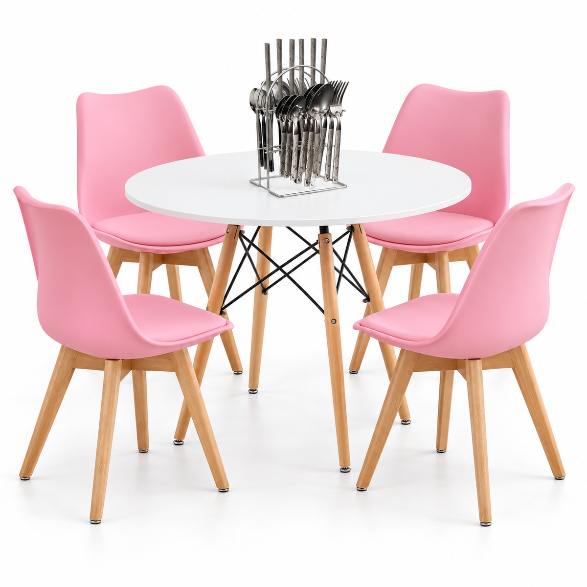 Comedor de 4 Puestos con Mesa Redonda Eames y 4 Sillas Emma Estándar + Set de Cubiertos Gratis