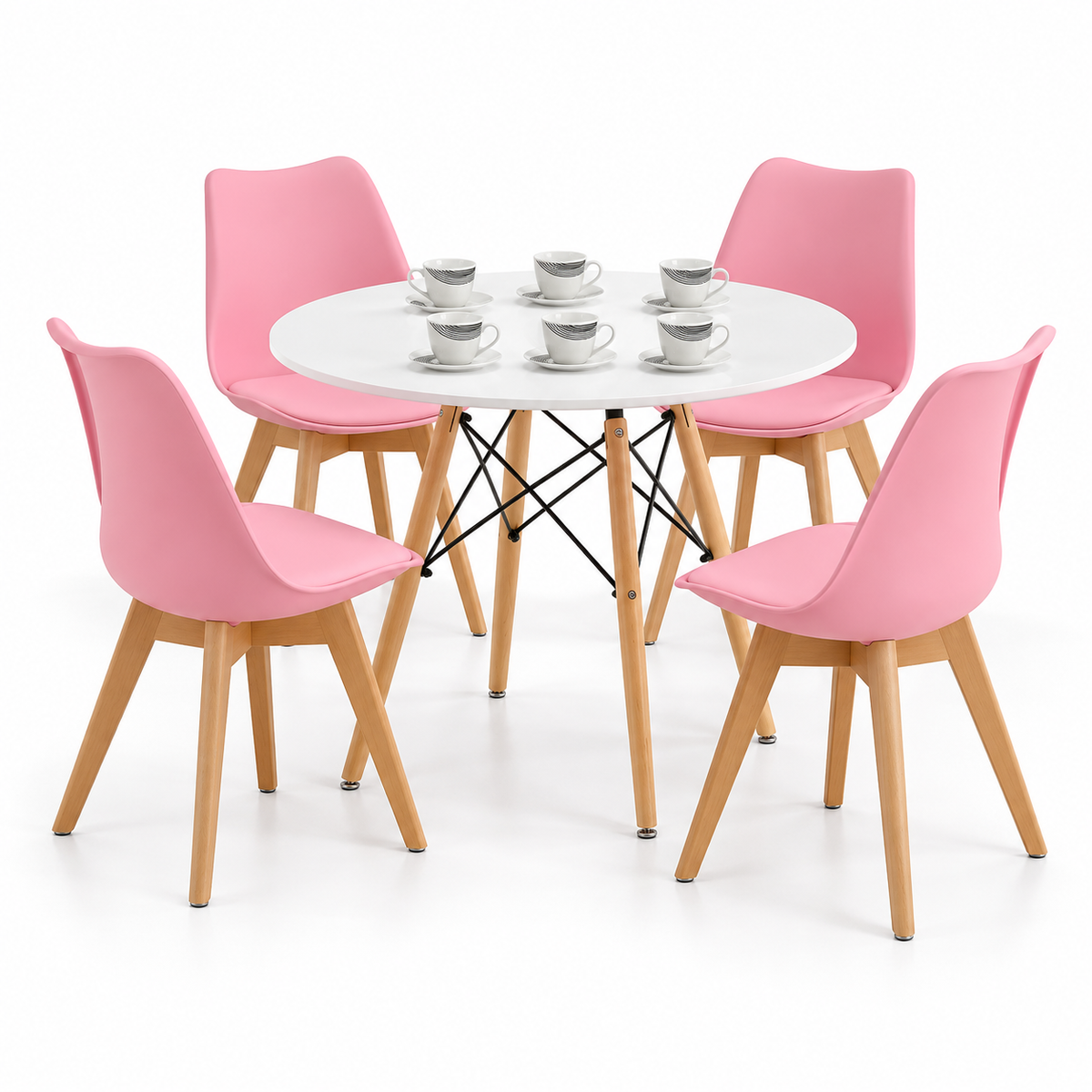 Comedor de 4 Puestos con Mesa Redonda Eames y 4 Sillas Emma Estándar + Set de Pocillos Gratis