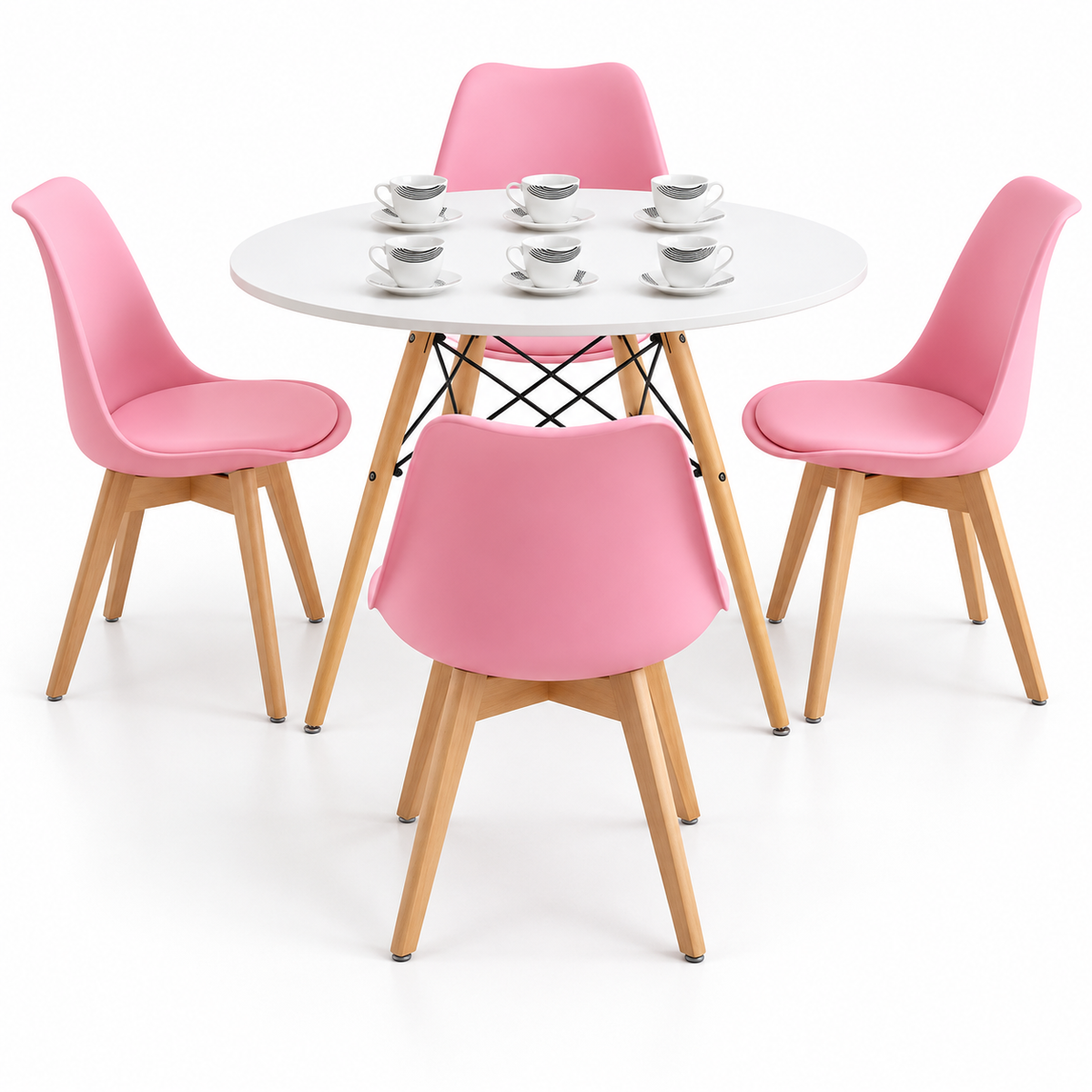 Comedor de 4 Puestos con Mesa Redonda Eames y 4 Sillas Emma Estándar + Set de Pocillos Gratis