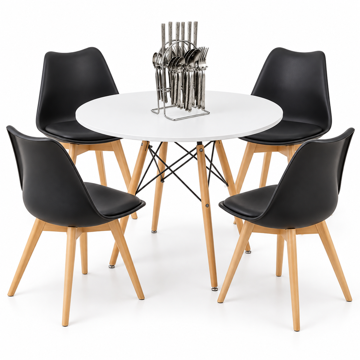 Comedor de 4 Puestos con Mesa Redonda Eames y 4 Sillas Emma Estándar + Set de Cubiertos Gratis
