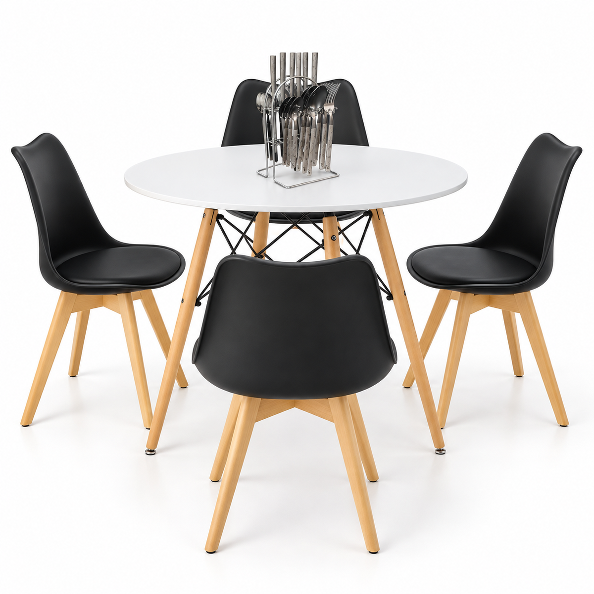 Comedor de 4 Puestos con Mesa Redonda Eames y 4 Sillas Emma Estándar + Set de Cubiertos Gratis