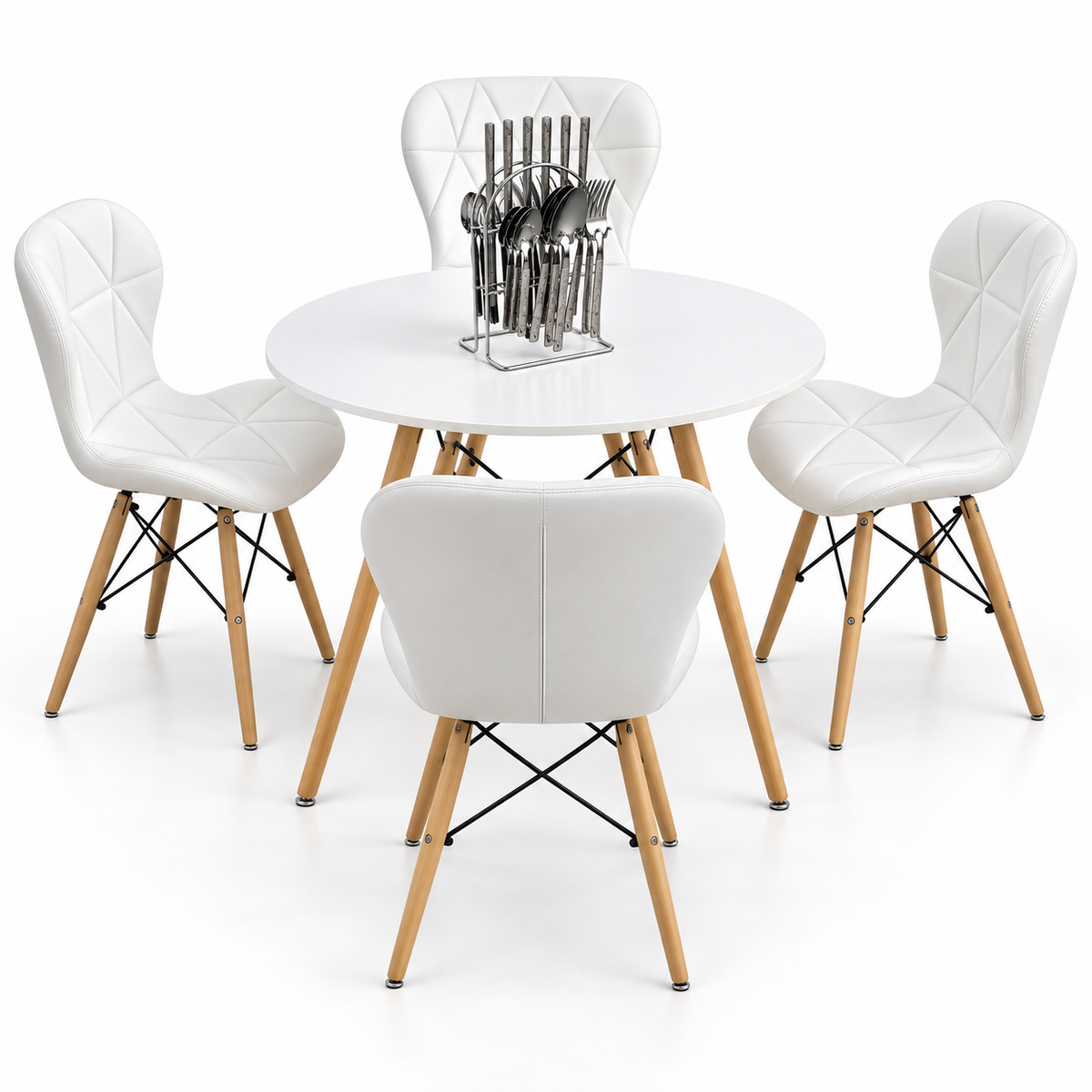 Comedor de 4 Puestos con Mesa Eames Redonda y Sillas Mariposa + Set de Cubiertos Gratis