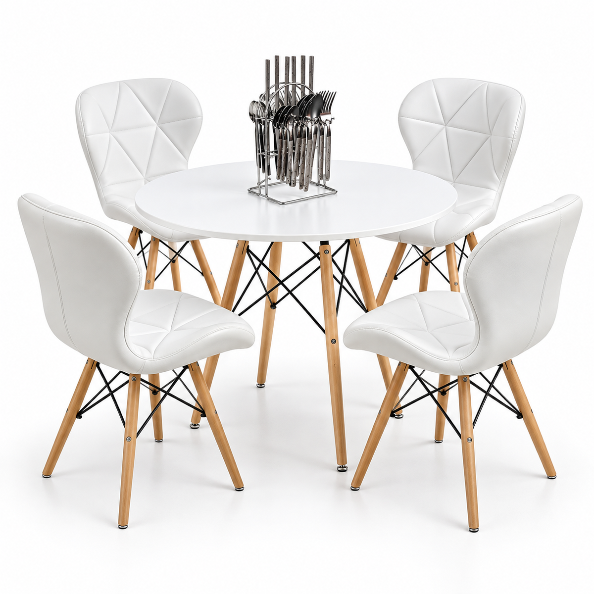 Comedor de 4 Puestos con Mesa Eames Redonda y Sillas Mariposa + Set de Cubiertos Gratis