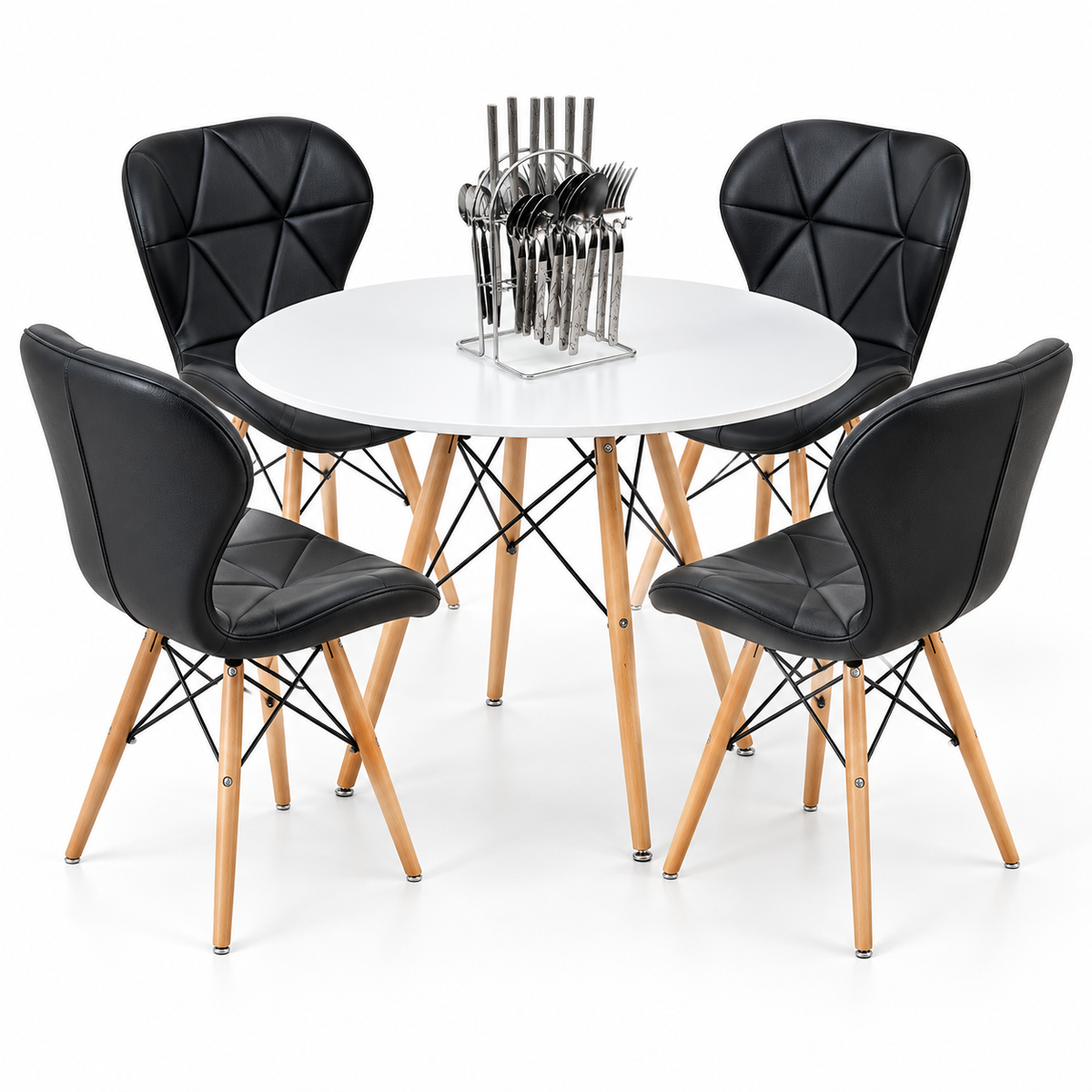 Comedor de 4 Puestos con Mesa Eames Redonda y Sillas Mariposa + Set de Cubiertos Gratis