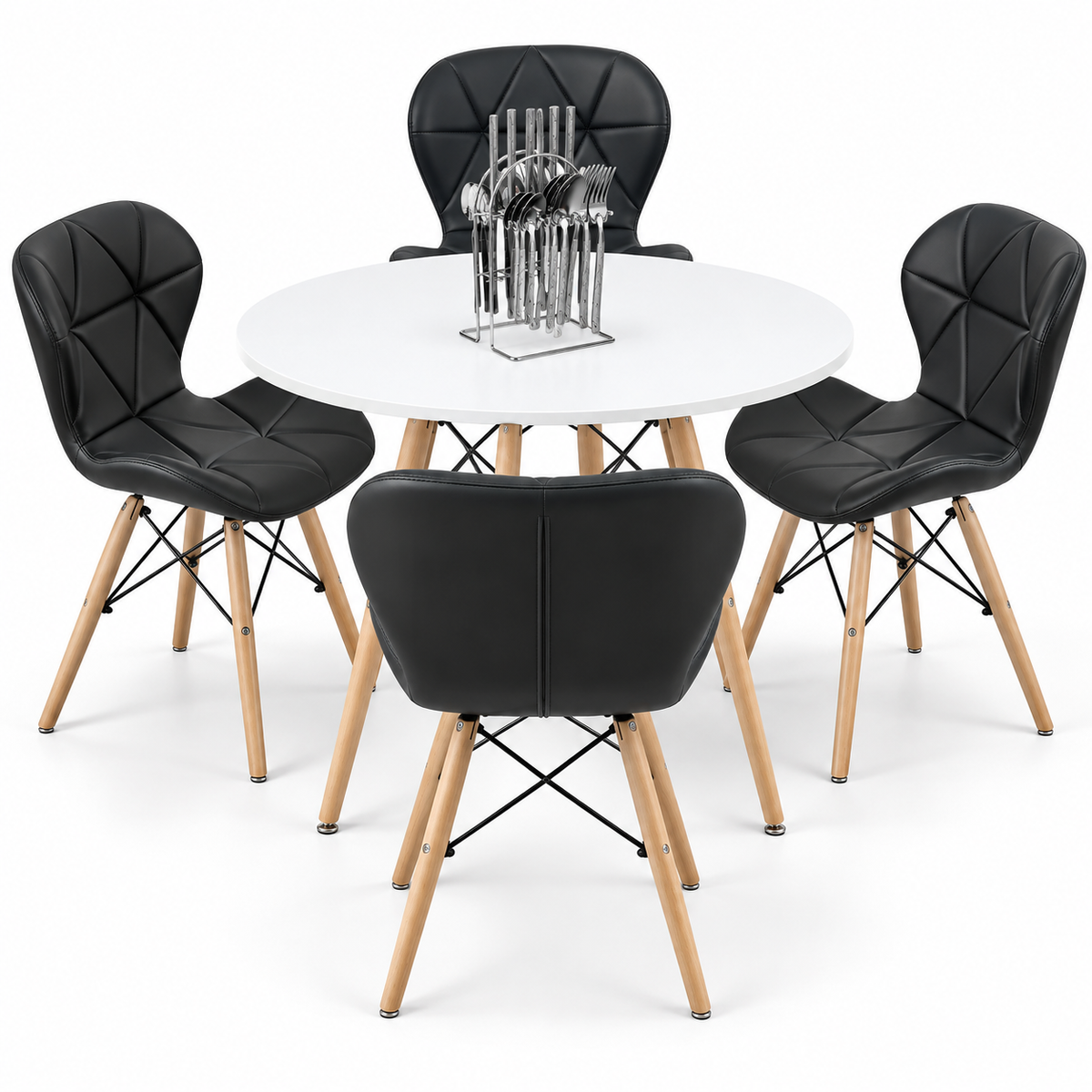 Comedor de 4 Puestos con Mesa Eames Redonda y Sillas Mariposa + Set de Cubiertos Gratis