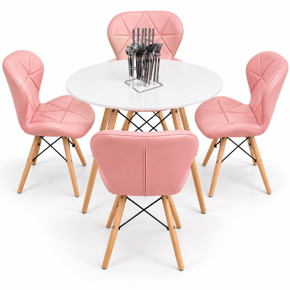 Comedor de 4 Puestos con Mesa Eames Redonda y Sillas Mariposa + Set de Cubiertos Gratis