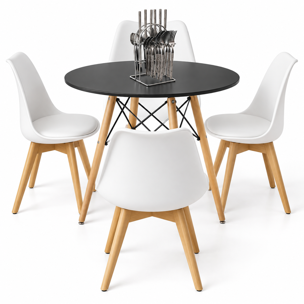 Comedor de 4 Puestos con Mesa Redonda Eames y 4 Sillas Emma Estándar + Set de Cubiertos Gratis