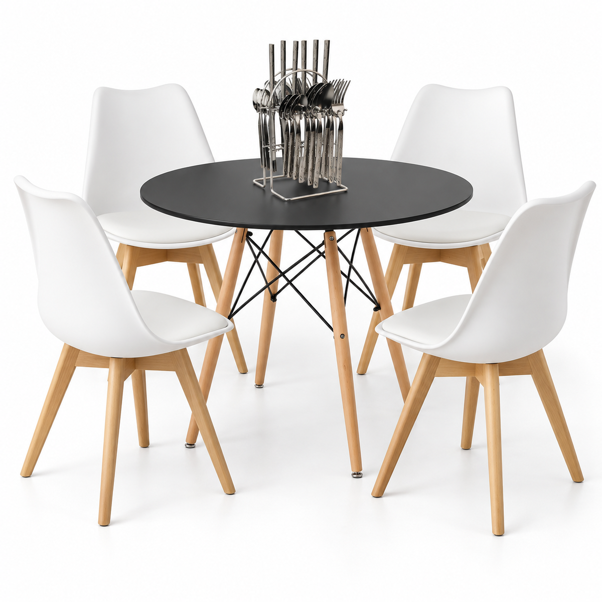 Comedor de 4 Puestos con Mesa Redonda Eames y 4 Sillas Emma Estándar + Set de Cubiertos Gratis