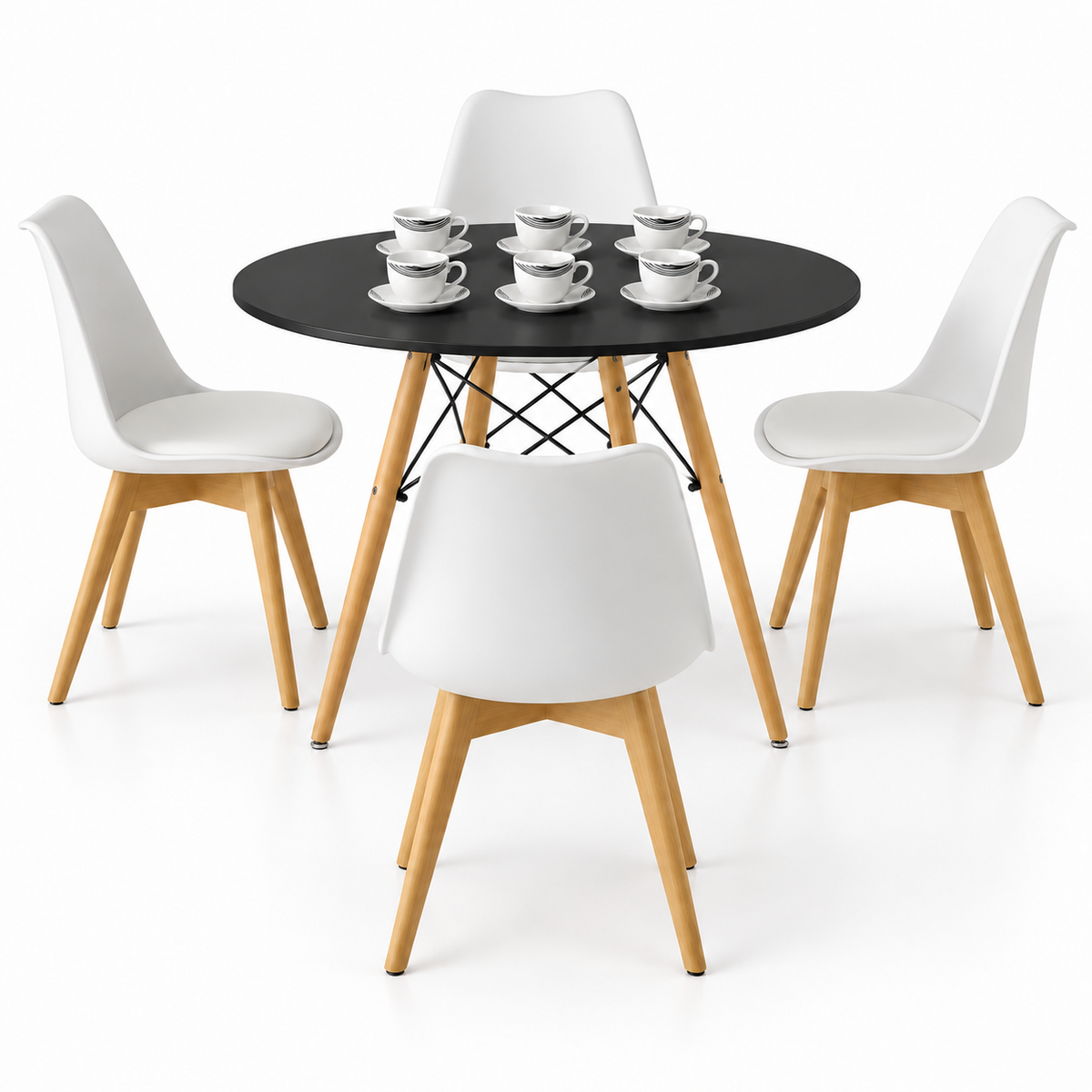 Comedor de 4 Puestos con Mesa Redonda Eames y 4 Sillas Emma Estándar + Set de Pocillos Gratis
