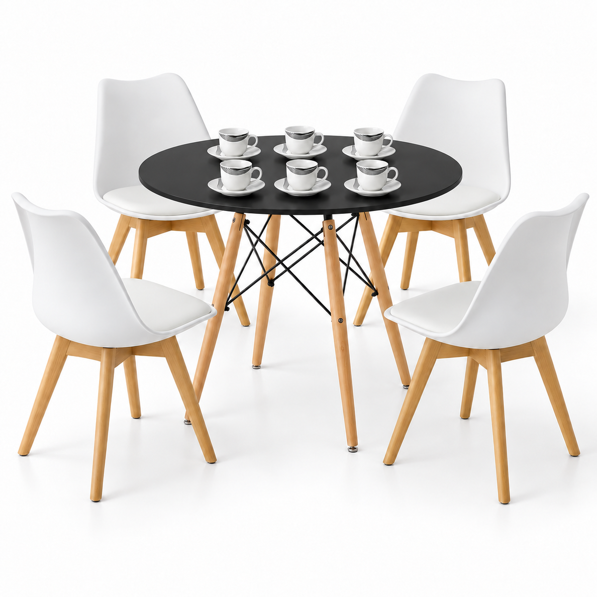 Comedor de 4 Puestos con Mesa Redonda Eames y 4 Sillas Emma Estándar + Set de Pocillos Gratis