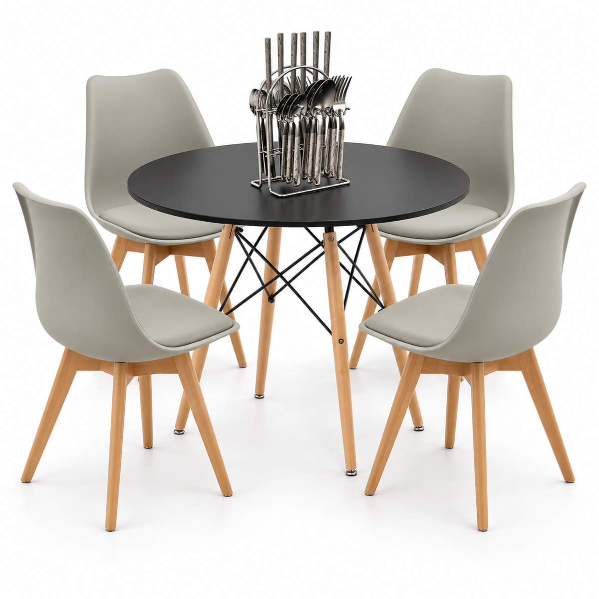 Comedor de 4 Puestos con Mesa Redonda Eames y 4 Sillas Emma Estándar + Set de Cubiertos Gratis