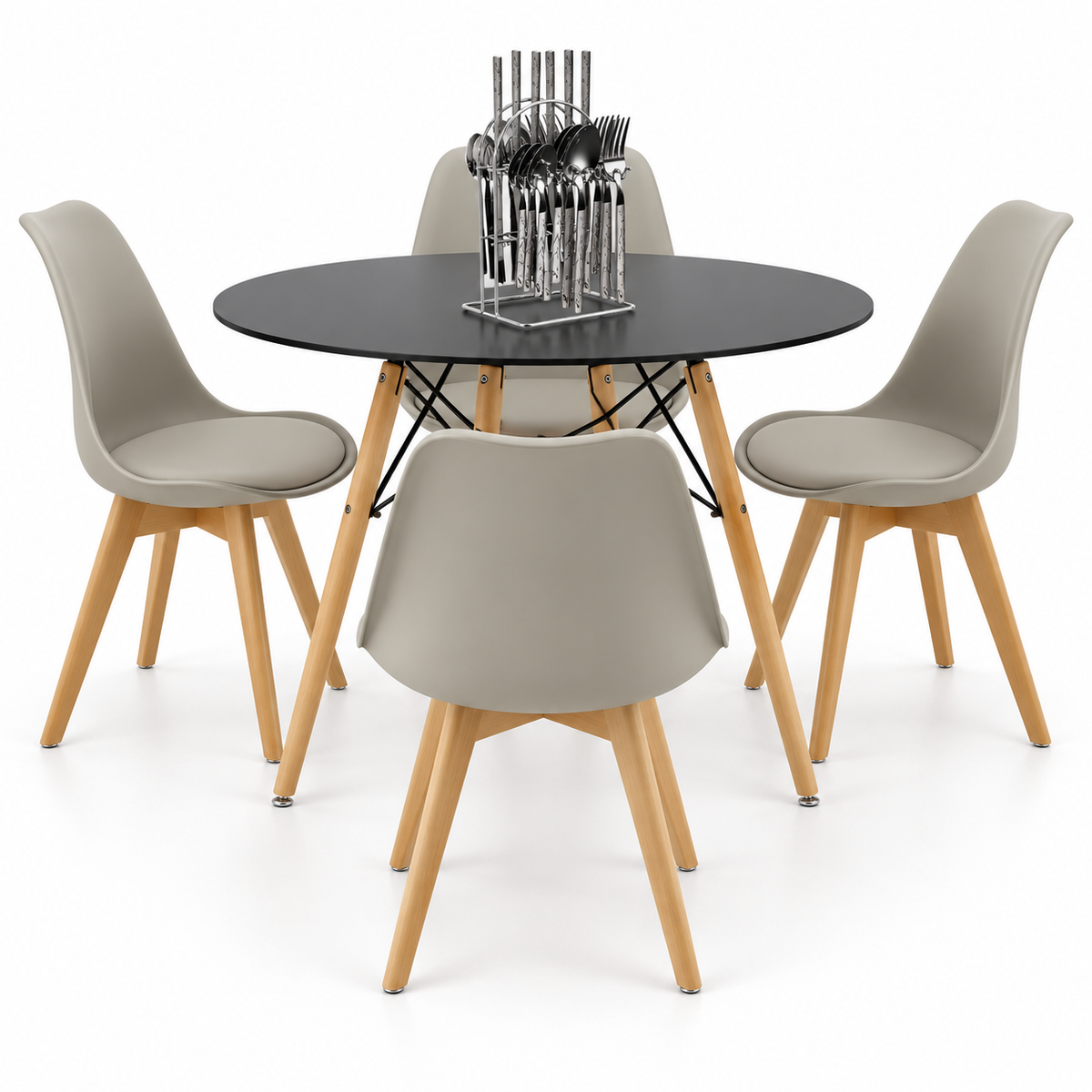 Comedor de 4 Puestos con Mesa Redonda Eames y 4 Sillas Emma Estándar + Set de Cubiertos Gratis