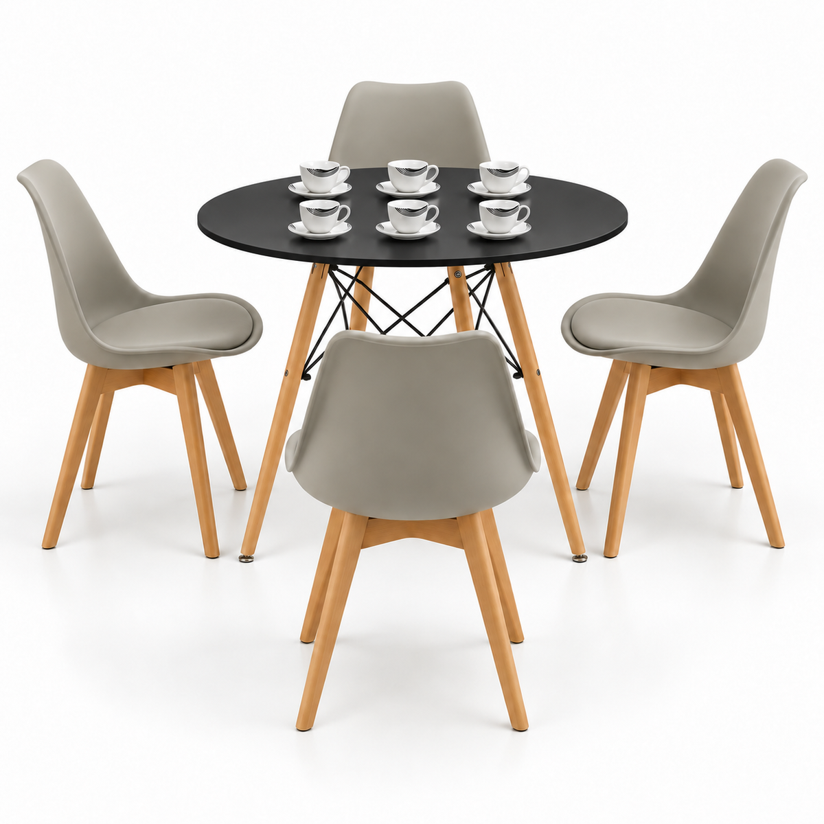 Comedor de 4 Puestos con Mesa Redonda Eames y 4 Sillas Emma Estándar + Set de Pocillos Gratis