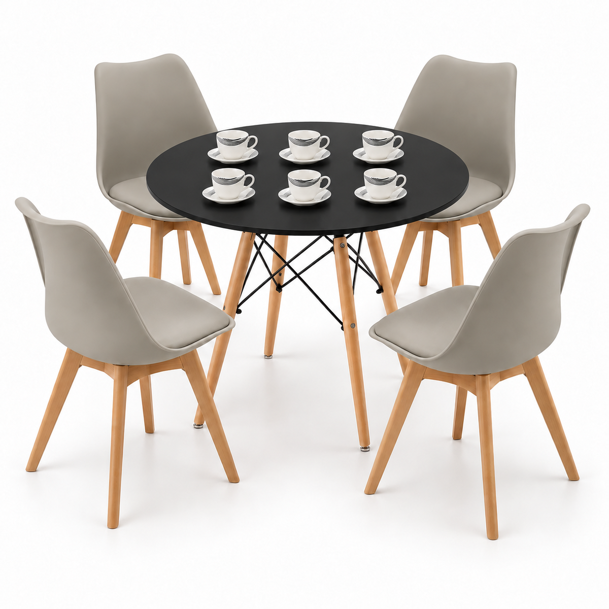 Comedor de 4 Puestos con Mesa Redonda Eames y 4 Sillas Emma Estándar + Set de Pocillos Gratis