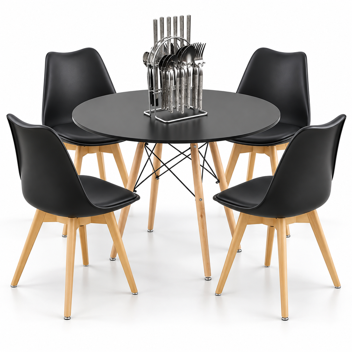 Comedor de 4 Puestos con Mesa Redonda Eames y 4 Sillas Emma Estándar + Set de Cubiertos Gratis