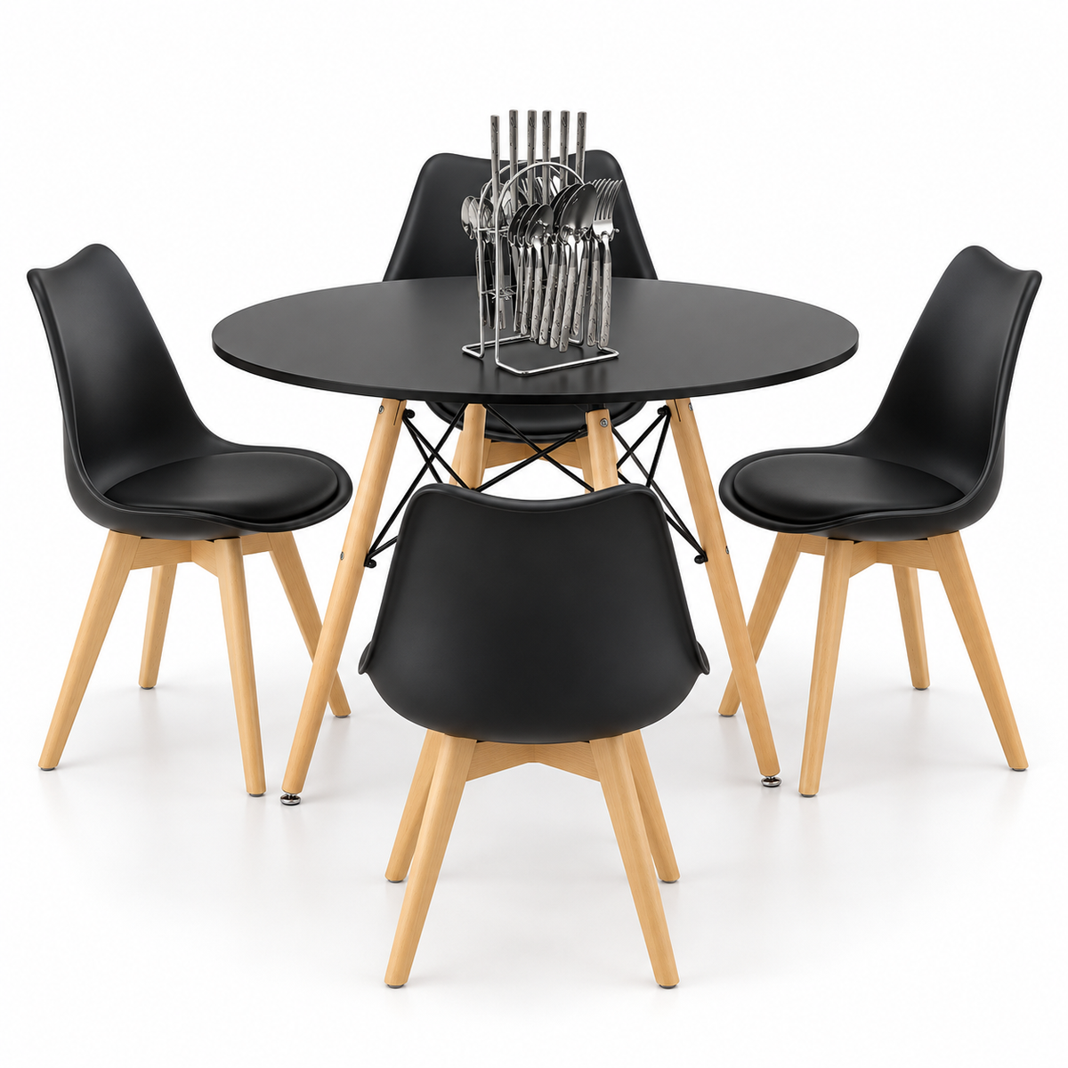 Comedor de 4 Puestos con Mesa Redonda Eames y 4 Sillas Emma Estándar + Set de Cubiertos Gratis