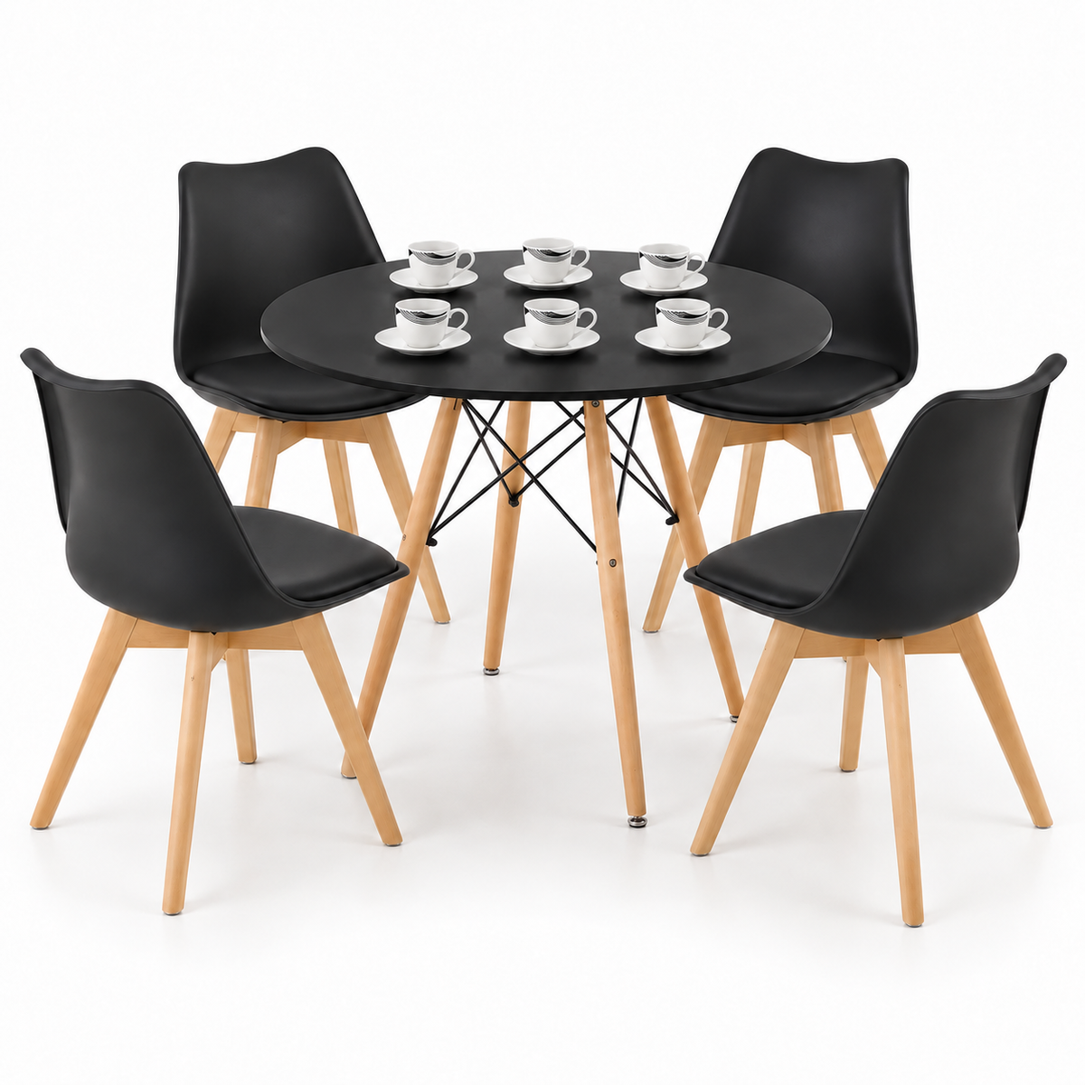 Comedor de 4 Puestos con Mesa Redonda Eames y 4 Sillas Emma Estándar + Set de Pocillos Gratis