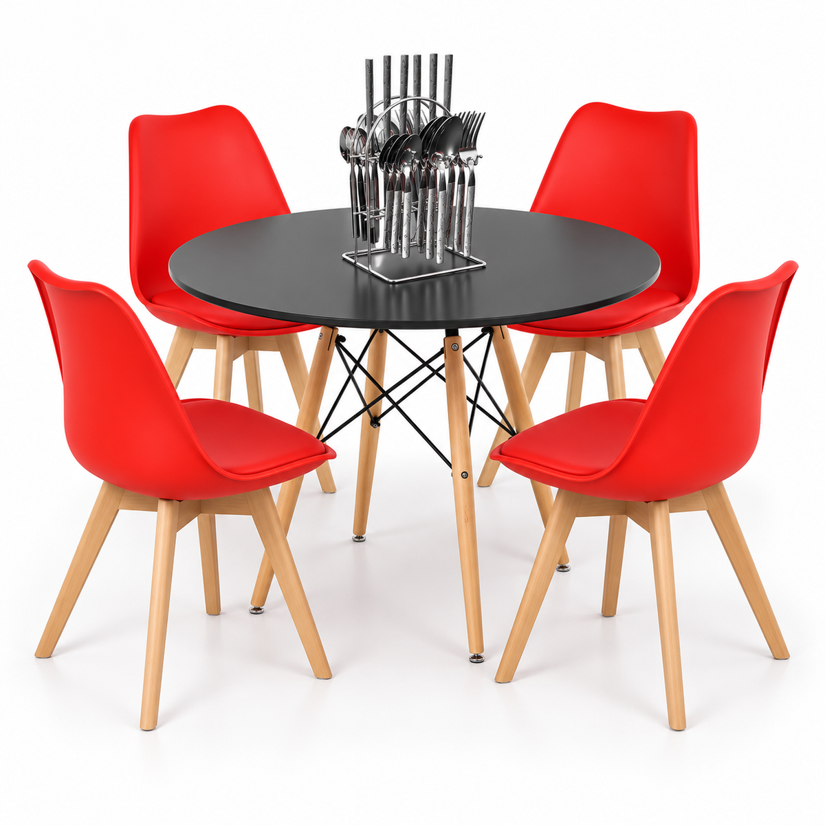 Comedor de 4 Puestos con Mesa Redonda Eames y 4 Sillas Emma Estándar + Set de Cubiertos Gratis