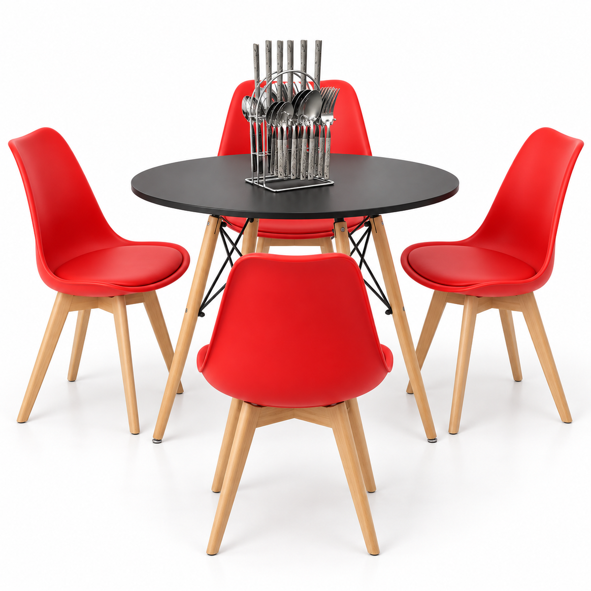 Comedor de 4 Puestos con Mesa Redonda Eames y 4 Sillas Emma Estándar + Set de Cubiertos Gratis