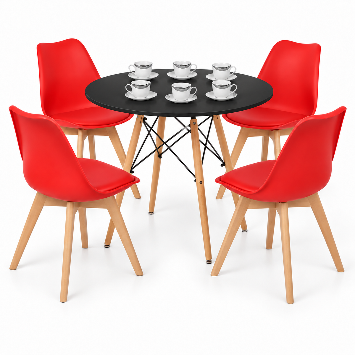 Comedor de 4 Puestos con Mesa Redonda Eames y 4 Sillas Emma Estándar + Set de Pocillos Gratis