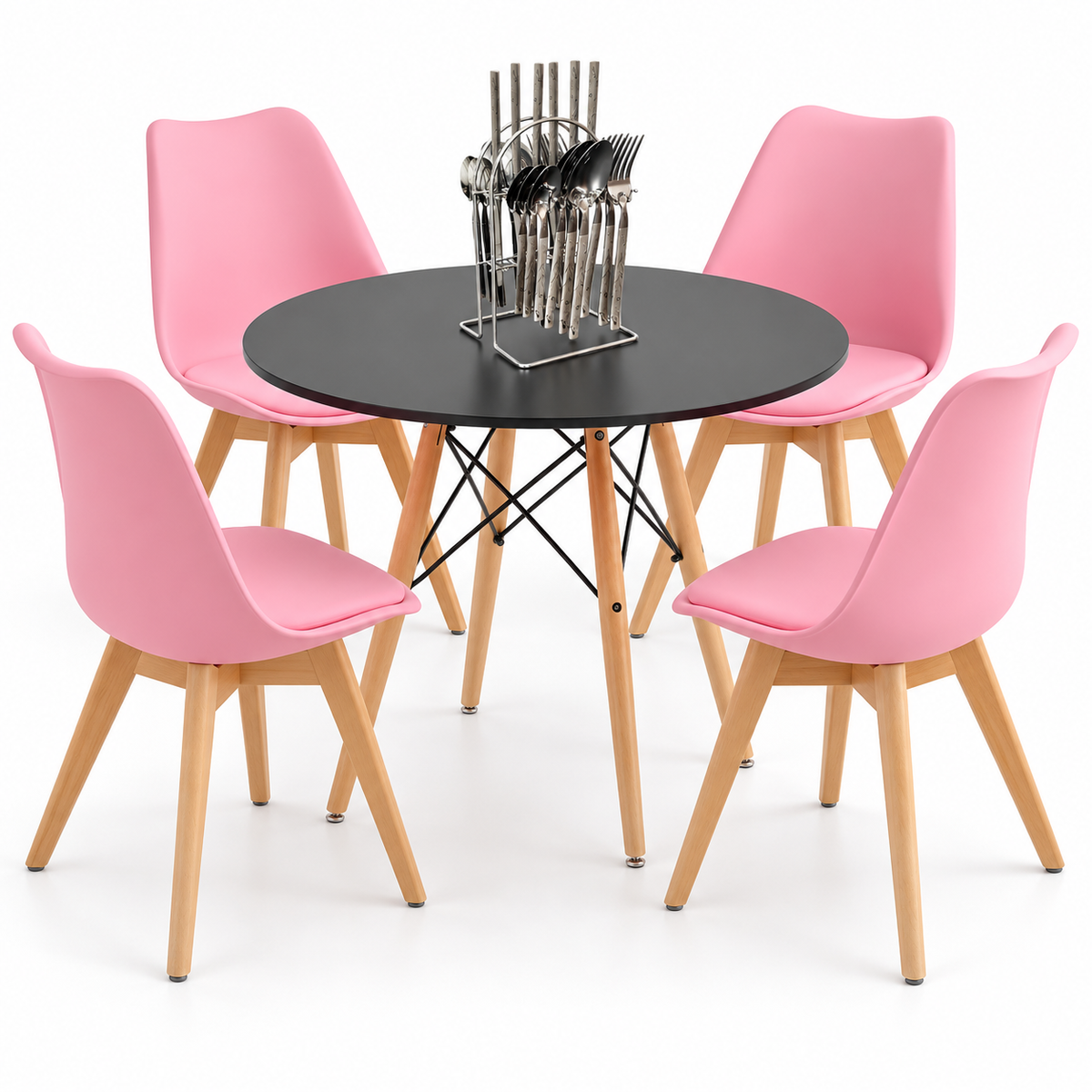 Comedor de 4 Puestos con Mesa Redonda Eames y 4 Sillas Emma Estándar + Set de Cubiertos Gratis