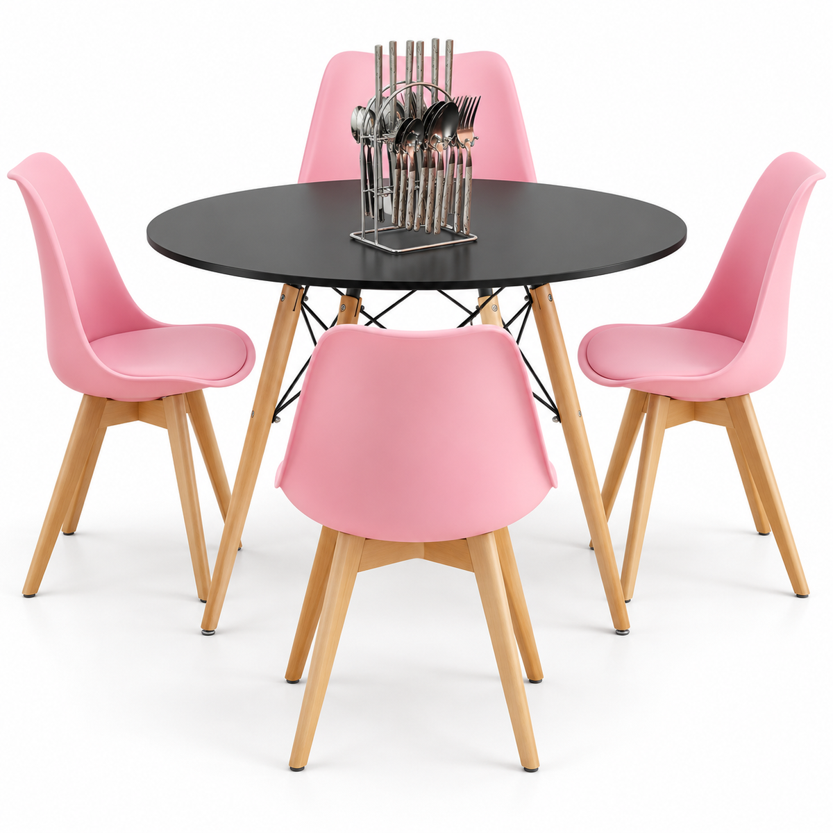 Comedor de 4 Puestos con Mesa Redonda Eames y 4 Sillas Emma Estándar + Set de Cubiertos Gratis