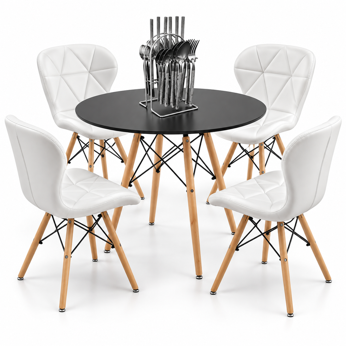 Comedor de 4 Puestos con Mesa Eames Redonda y Sillas Mariposa + Set de Cubiertos Gratis