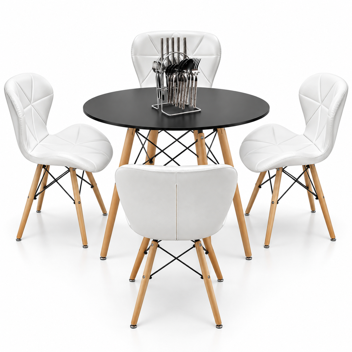 Comedor de 4 Puestos con Mesa Eames Redonda y Sillas Mariposa + Set de Cubiertos Gratis
