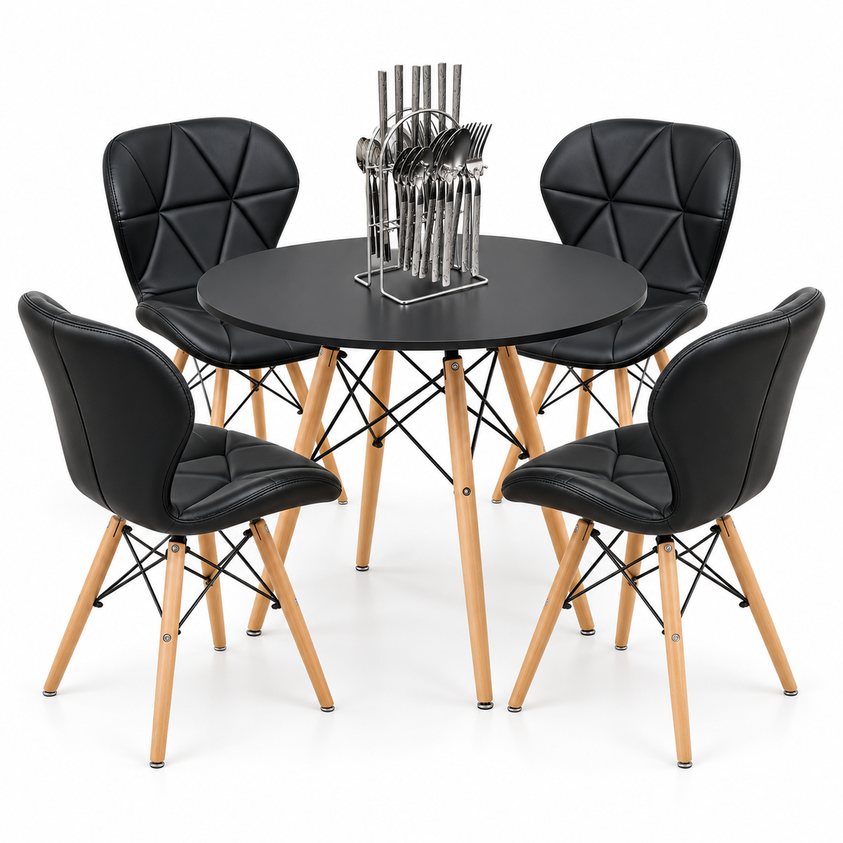 Comedor de 4 Puestos con Mesa Eames Redonda y Sillas Mariposa + Set de Cubiertos Gratis