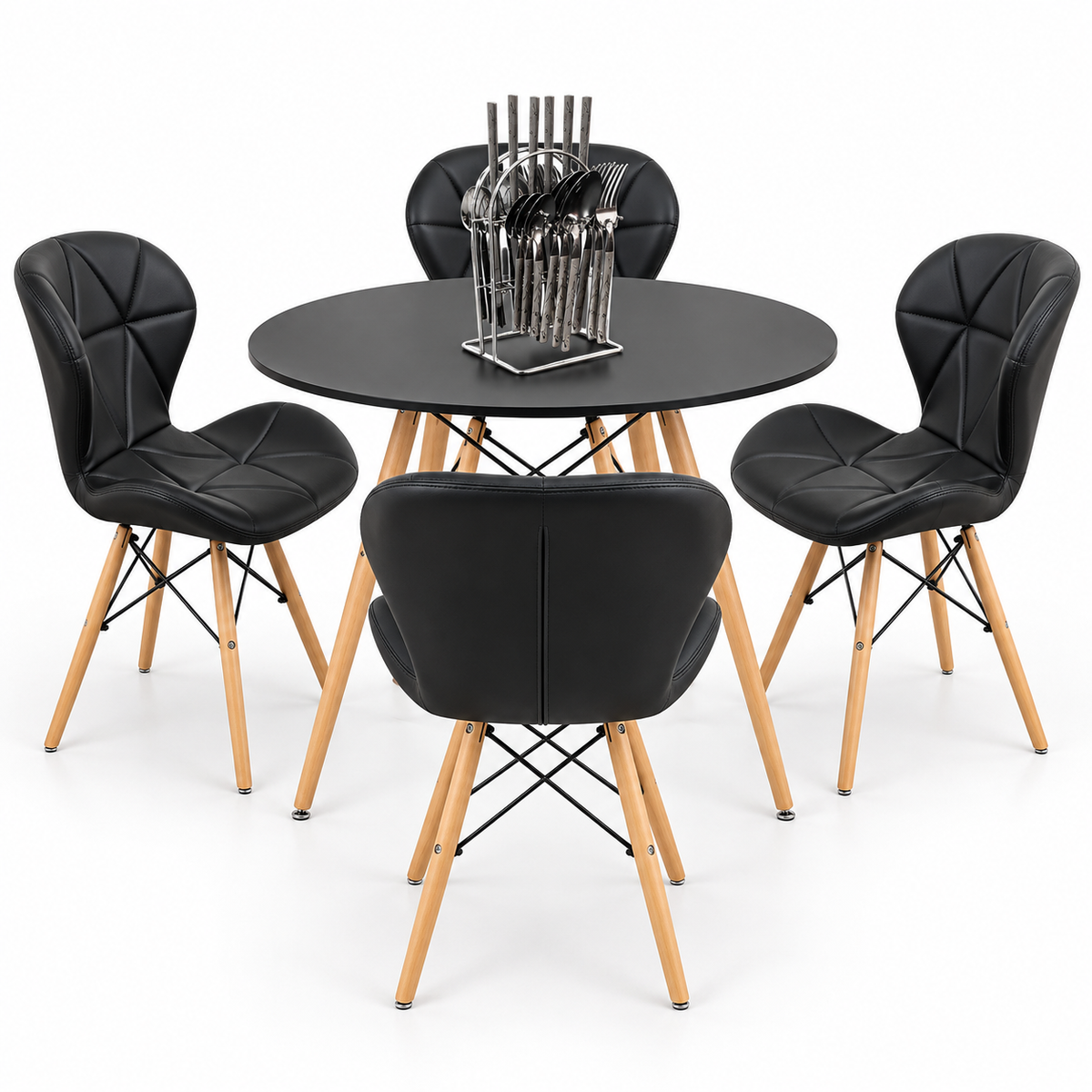 Comedor de 4 Puestos con Mesa Eames Redonda y Sillas Mariposa + Set de Cubiertos Gratis