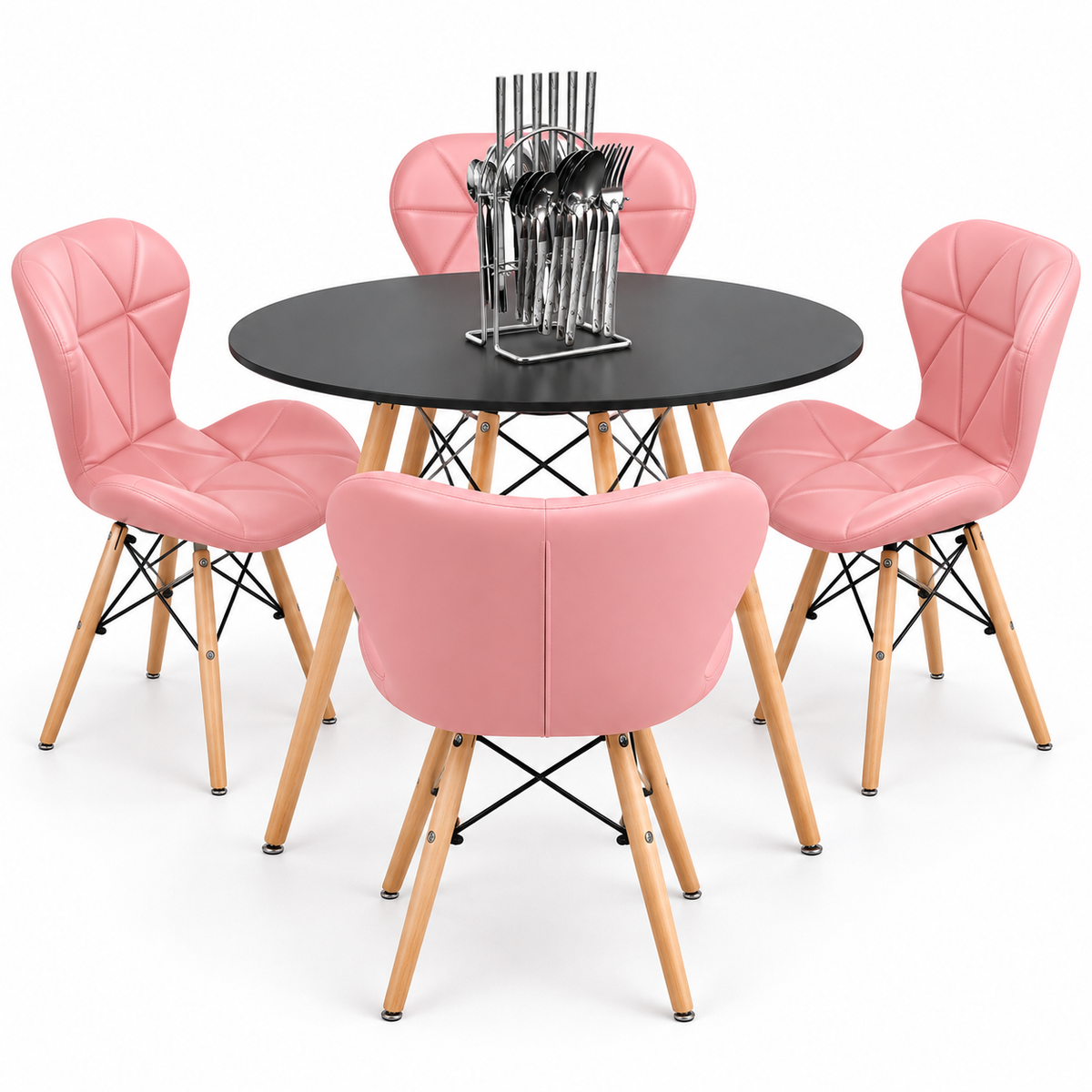 Comedor de 4 Puestos con Mesa Eames Redonda y Sillas Mariposa + Set de Cubiertos Gratis