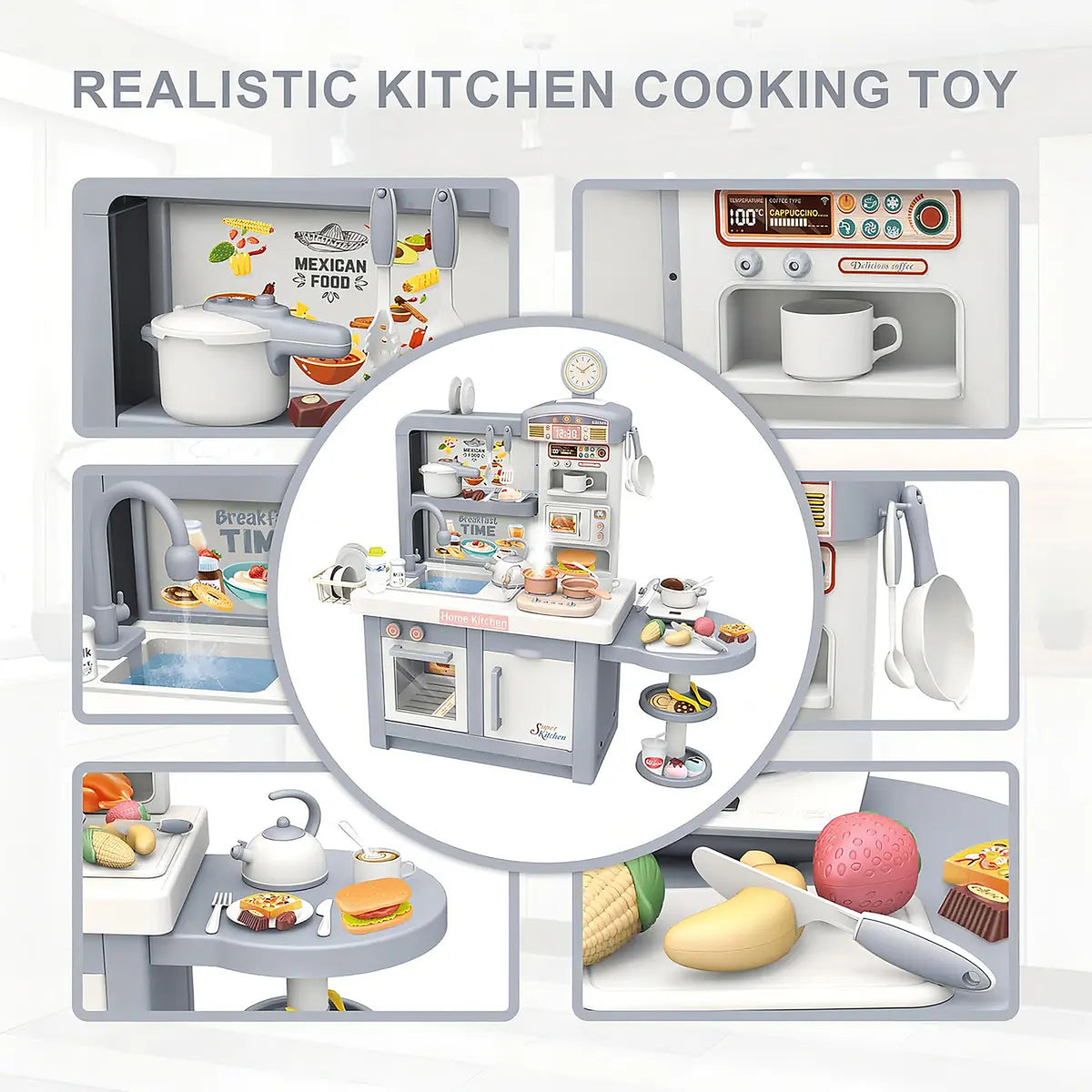 Cocina Infantil Grande Chef 97cm Agua Vapor Sonidos 74pcs Color Gris