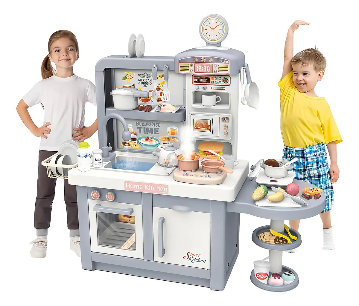 Cocina Infantil Grande Chef 97cm Agua Vapor Sonidos 74pcs Color Gris