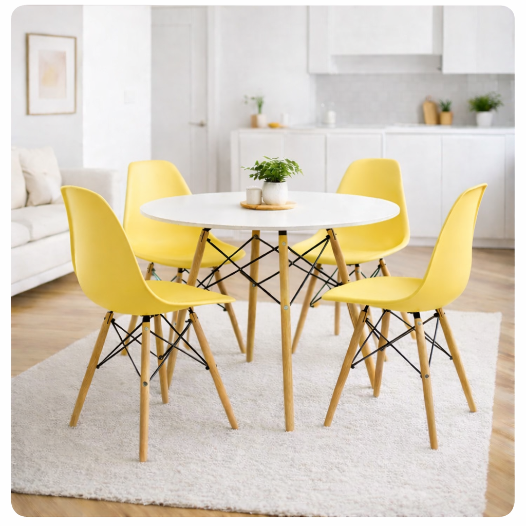 Comedor tipo Eames con sillas amarillas de 4 puestos para comedor o cafetería