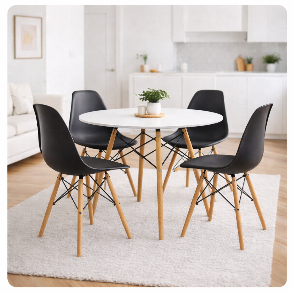 Comedor Eames de 4 puestos con mesa redonda y sillas modernas para comedor