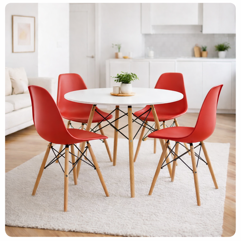 Comedor moderno con sillas rojas tipo Eames para hogar, restaurante o negocio