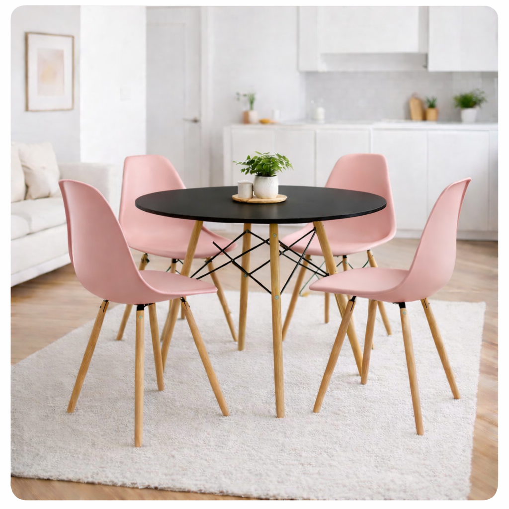 Comedor moderno con sillas rosadas y mesa tipo Eames para hogar o negocio
