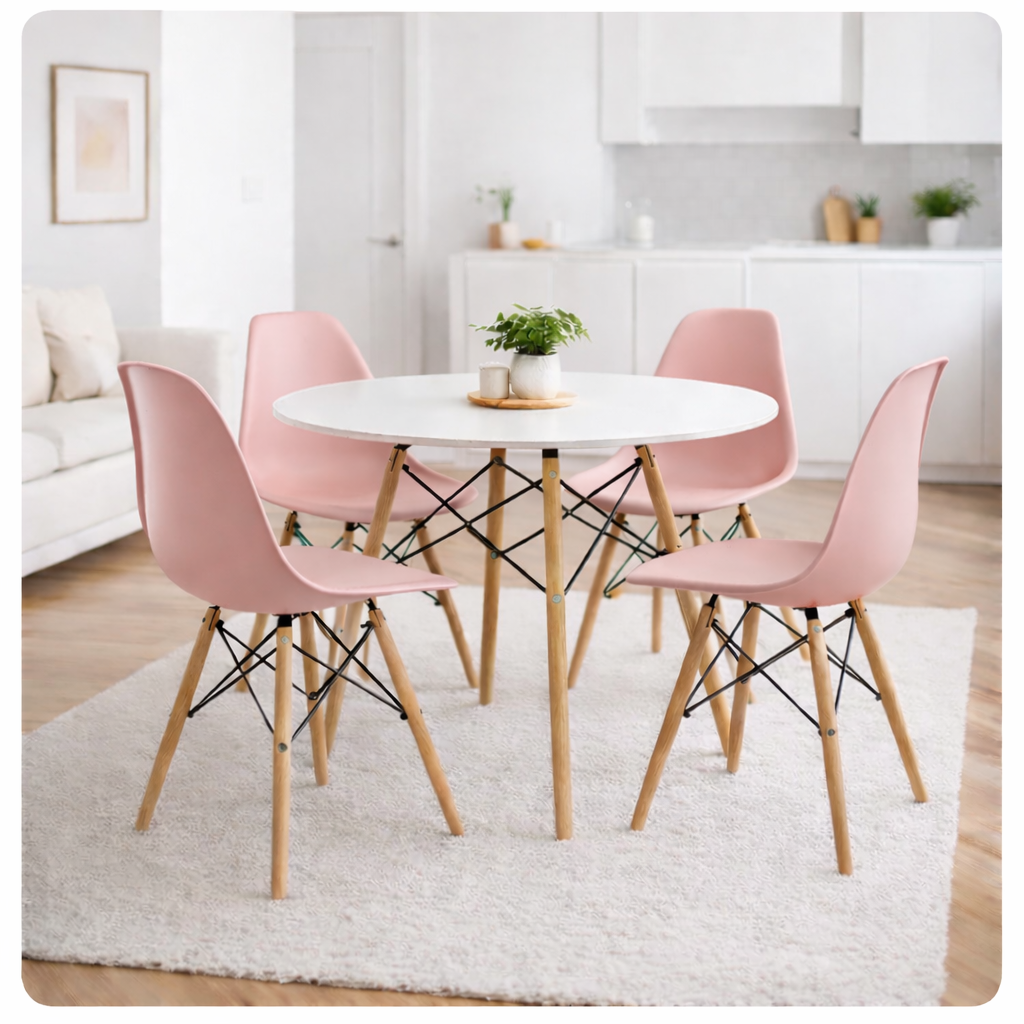 Comedor Eames con sillas rosadas de 4 puestos para sala comedor o cafetería