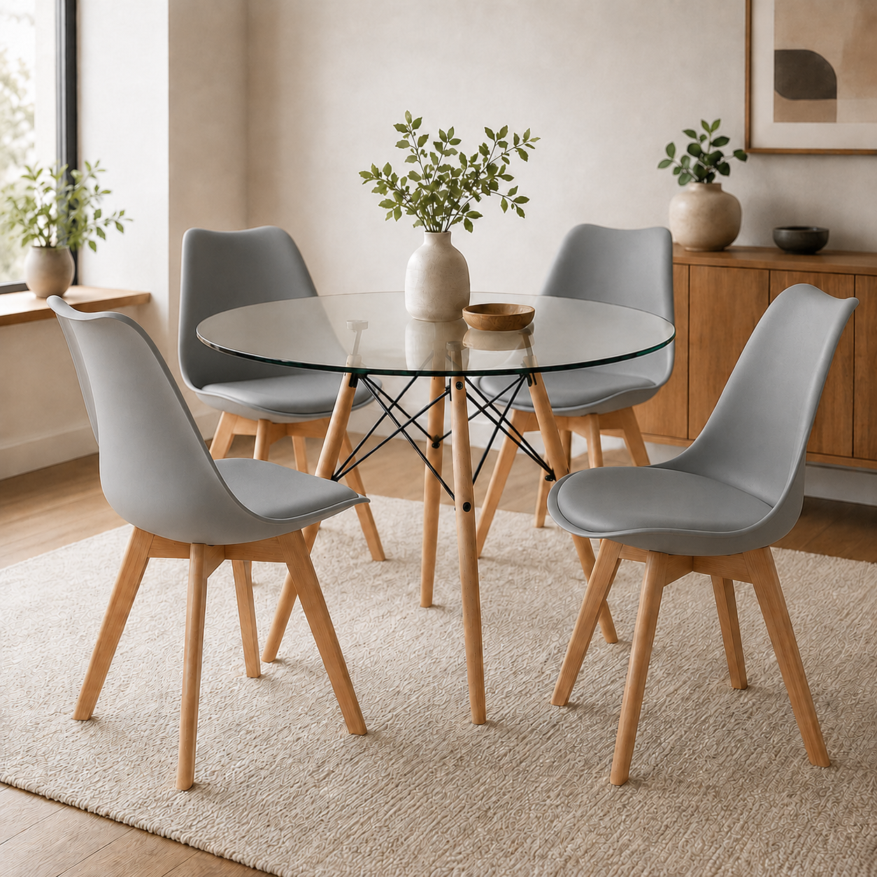 Comedor Redondo en Vidrio con Sillas Emma Estilo Minimalista (Estandar)