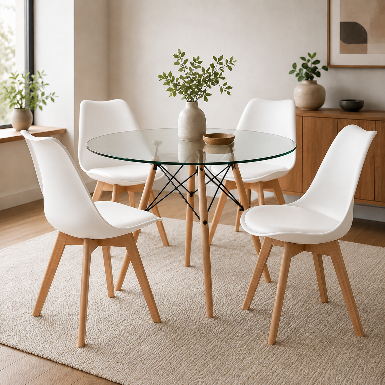 Comedor Redondo en Vidrio con Sillas Emma Estilo Minimalista (Estandar)