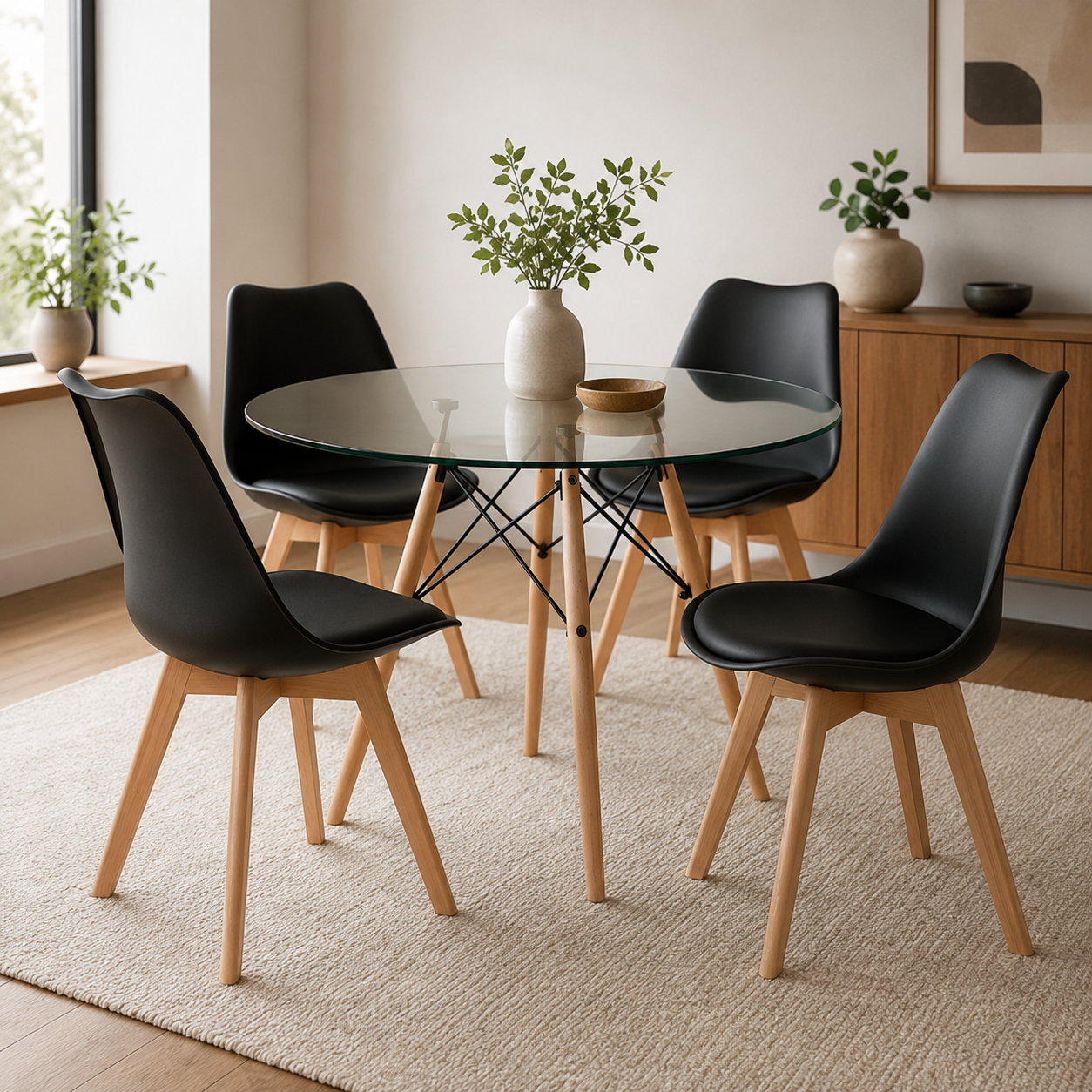 Comedor Redondo en Vidrio con Sillas Emma Estilo Minimalista (Estandar)
