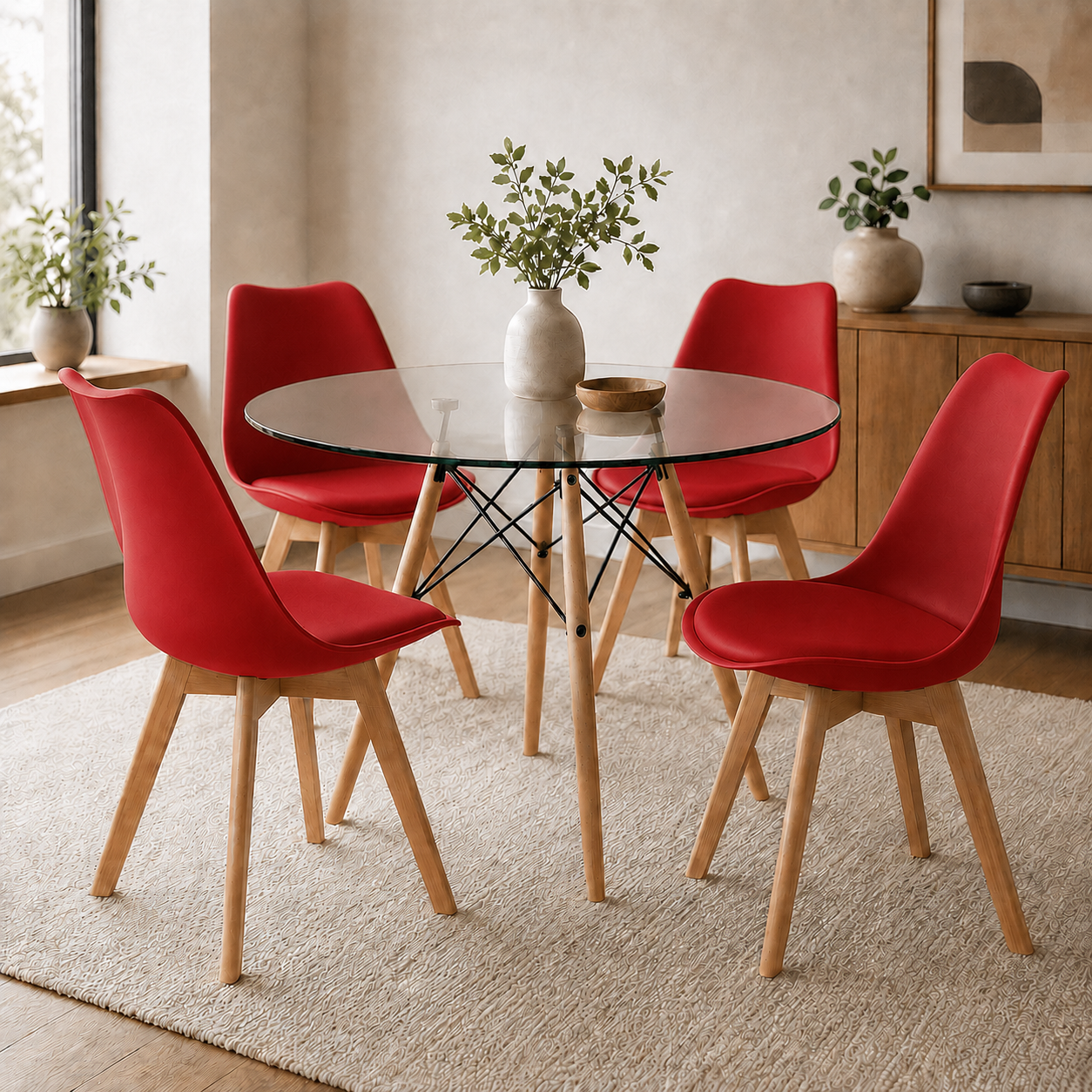 Comedor Redondo en Vidrio con Sillas Emma Estilo Minimalista (Estandar)