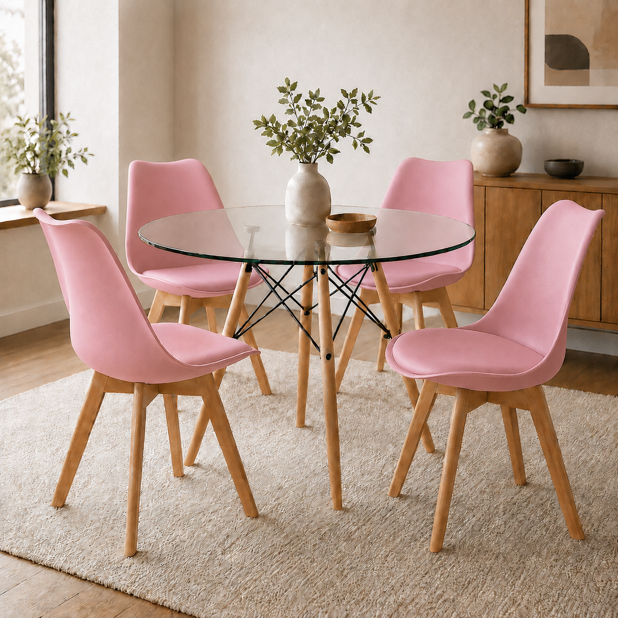 Comedor Redondo en Vidrio con Sillas Emma Estilo Minimalista (Estandar)