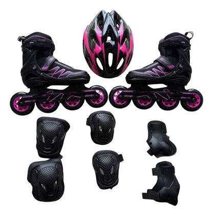Kit de patines semiprofesionales Chicago negros y fucsia con protecciones
